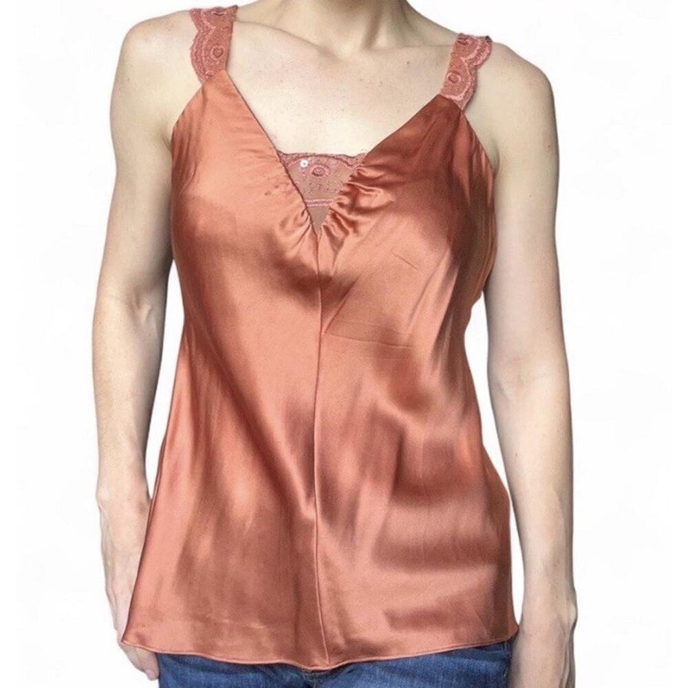 Vintage 100% Silk Top Orange Womens Nine West Sequin Lace Details Size 6